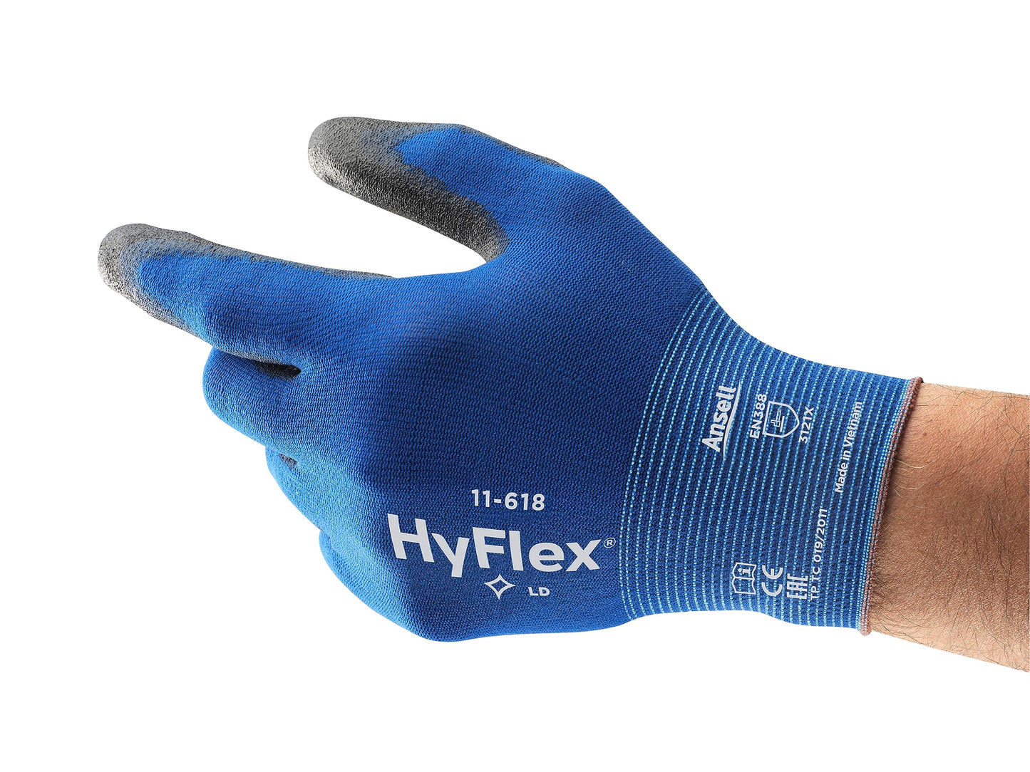 Ansell HyFlex 11-618 Ultra-Thin Industrial Safety Work Gloves for Auto, Machinery, Equipment, Fabrication - Size 9, Blue/Black (Pack of 12)