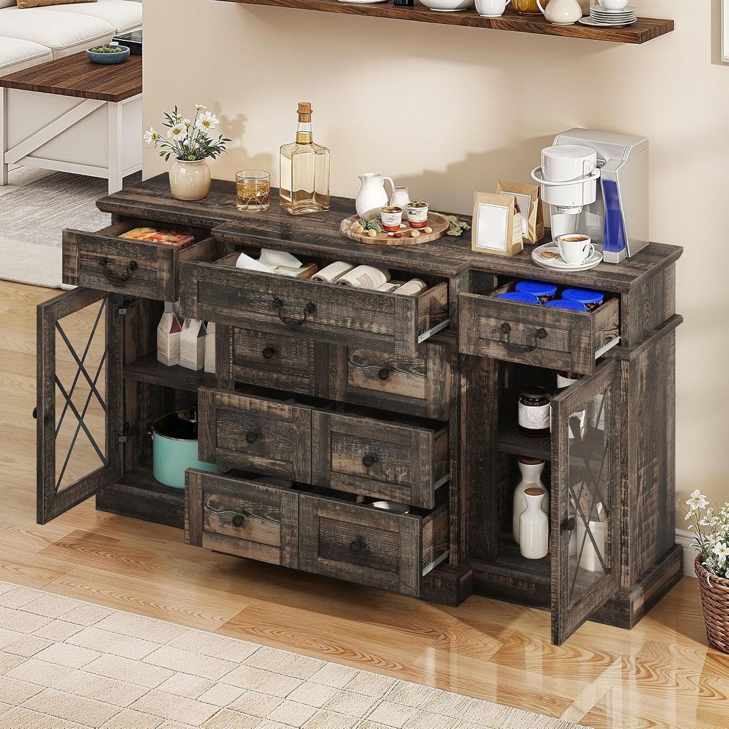 YITAHOME Television Stand for 65/55 Inch TV, Farmhouse TV Stand with 9 Drawers, Adjustable Shelves and Tempered Glass Doors, Entertainment Center TV Media Console for Living Room, Dark Rustic Oak