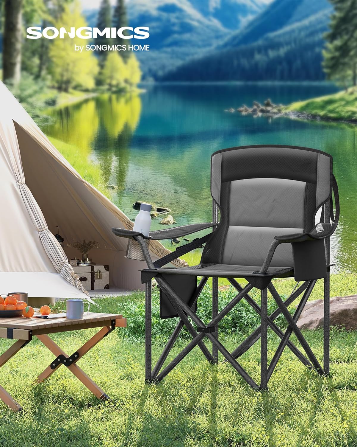 SONGMICS Oversized Lumbar Support Camping Chair, Heavy-Duty Outdoor Folding Chair Comfortable, Padded, Glamping, Cooler Bag, Weight Capacity 450 lb, Ink Black UGCB066B01