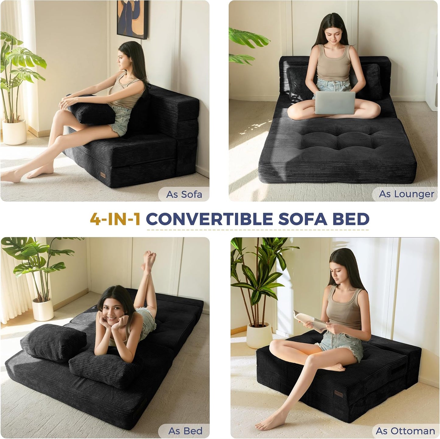 MAXYOYO Convertible Sofa Bed, Fold Out Sleeper Sofa with Pillow, 4 in 1 Tufted Folding Couch Bed Foam Floor Couch, Lazy Chair for Living Room Bedroom Guest Room, Black