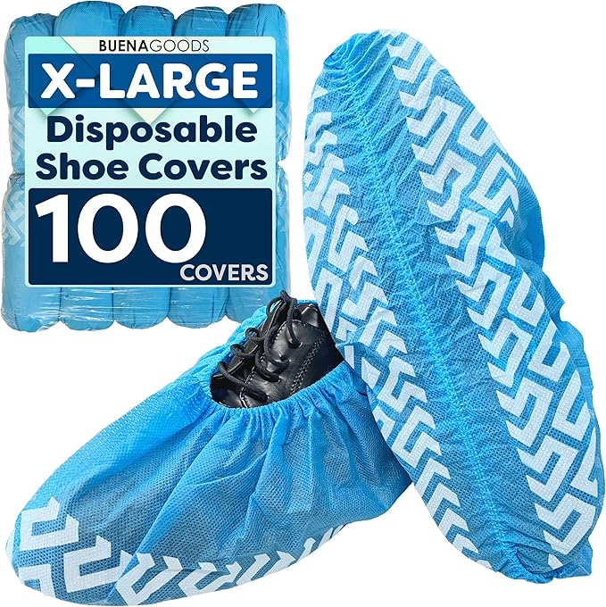 100 Pack Extra Large Disposable Blue Boot and Shoe Covers - Indoor Reusable Shoe Covers Disposable - Non Slip Booties - Fits US Men's Size 14 and Women's 16 Size