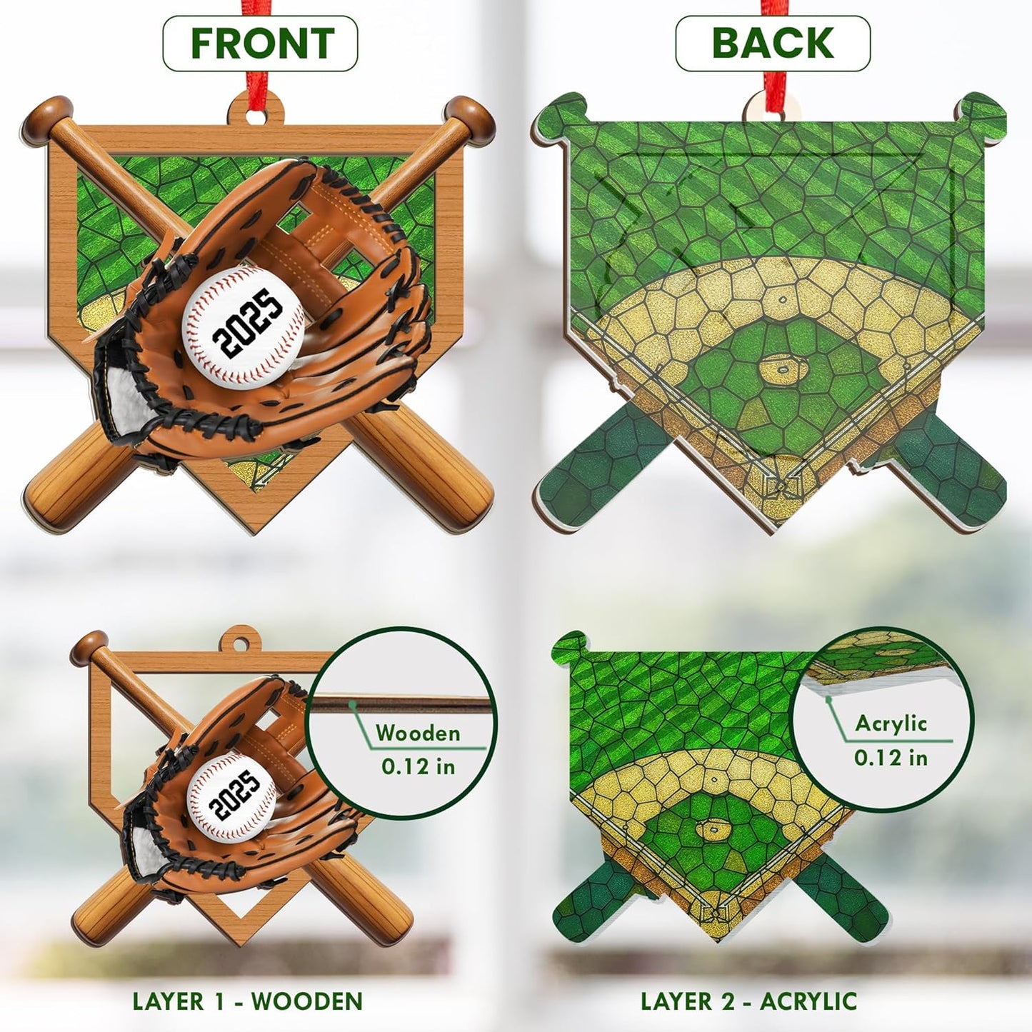 FLAGWIX Baseball Ornaments for Christmas Tree - Suncatcher Christmas Ornaments 2025 for Tree Decorations - Baseball Gifts for Boys 12-14 and 8-12, Sports Gifts for Boys Son Team Coach Men