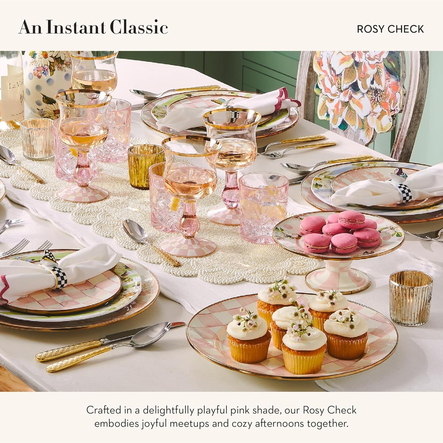 MACKENZIE-CHILDS Enamel Pedestal Platter, Round Cake Stand, Mini, Pink-and-White Rosy Check