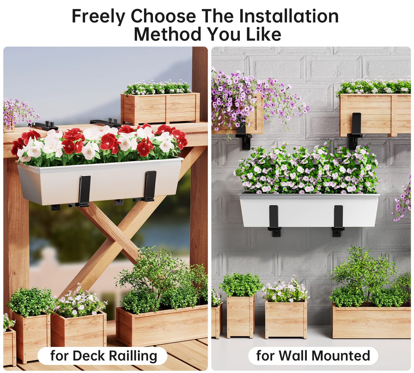 Y&M 6 Pcs Deck Railing Adjustable Planter Box Brackets (6 to 12.5 in), Universal Heavy Duty Iron Flower Box Brackets Wall Mounting Hooks for Fences, Patio, and Garden - Black (Patent Registered)