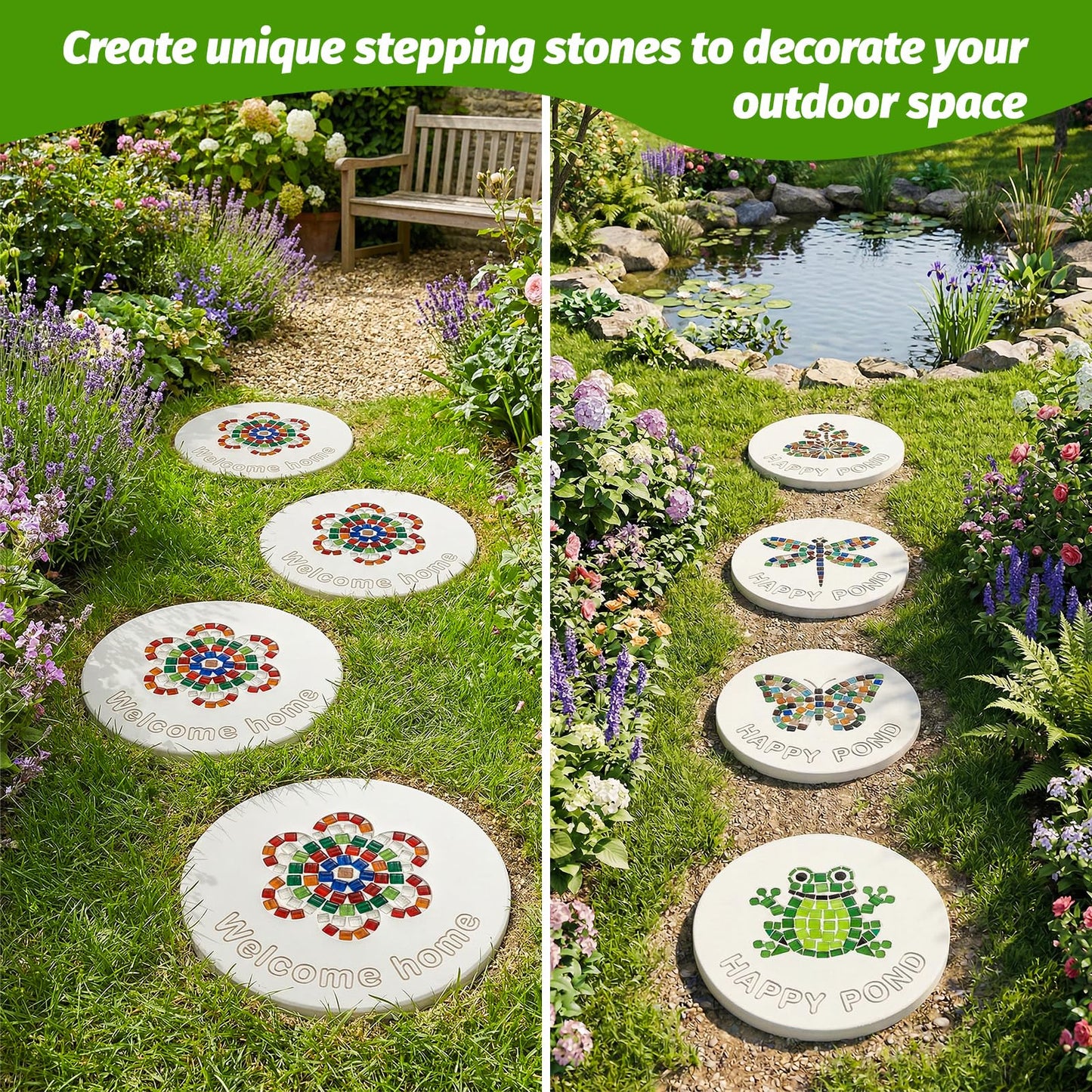 U0U 10PCS Stepping Stone Kit Includes Round Cement Molds, Mosaic Tiles and Carving Tools,DIY Garden Stepping Stone kit for Kids,Family,Outdoor Walkways Pavement Decoration (Transparent, 10inch)
