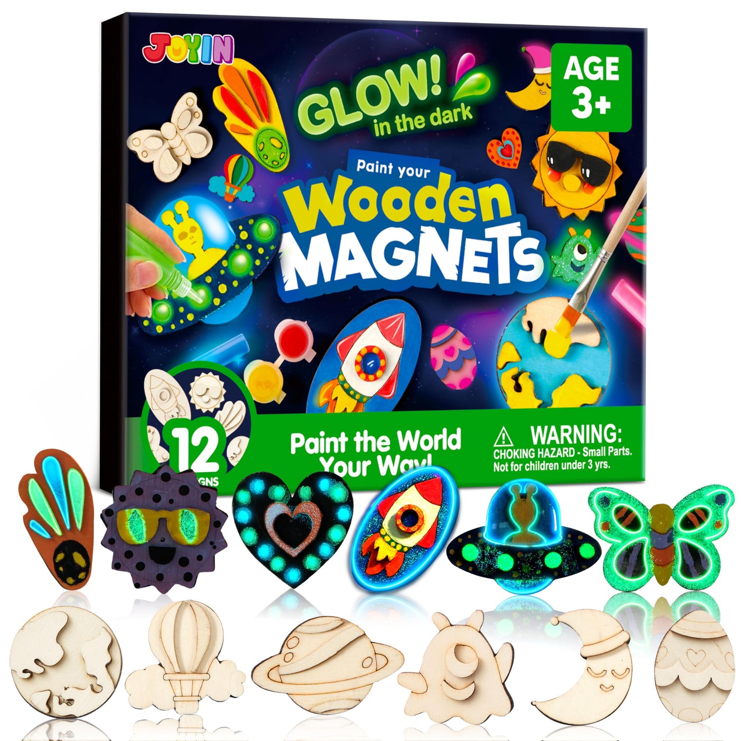 JOYIN 12 Glow in The Dark Wooden Magnets for Kids, Paint Your Own Arts and Crafts Painting Kit, Halloween Crafts Birthday Parties and Family Crafts Gift, Party Favors for Boys Girls Ages 3+