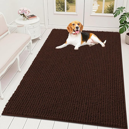 OLANLY Dog Door Mat for Muddy Paws 59x35, Ultra Absorbent Chenille Mud Doormat, Non-Slip Washable and Dirt Trapping Doormat for Indoor Entryway, Quick-Dry Indoor Pet Bed Mats for Dogs, Brown