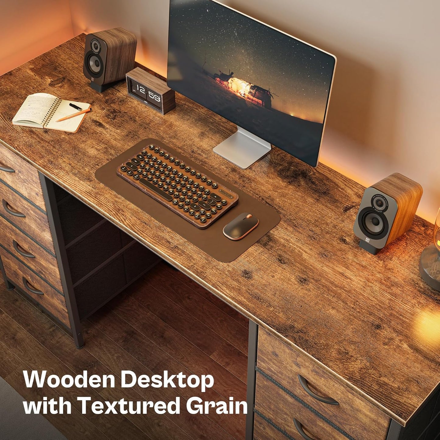 Huuger 55 Inch Computer Desk with 8 Fabric Drawers, Office Desk Work Desk for Home Office, Study, Gaming Desk with Drawers, Large Storage, Rustic Brown