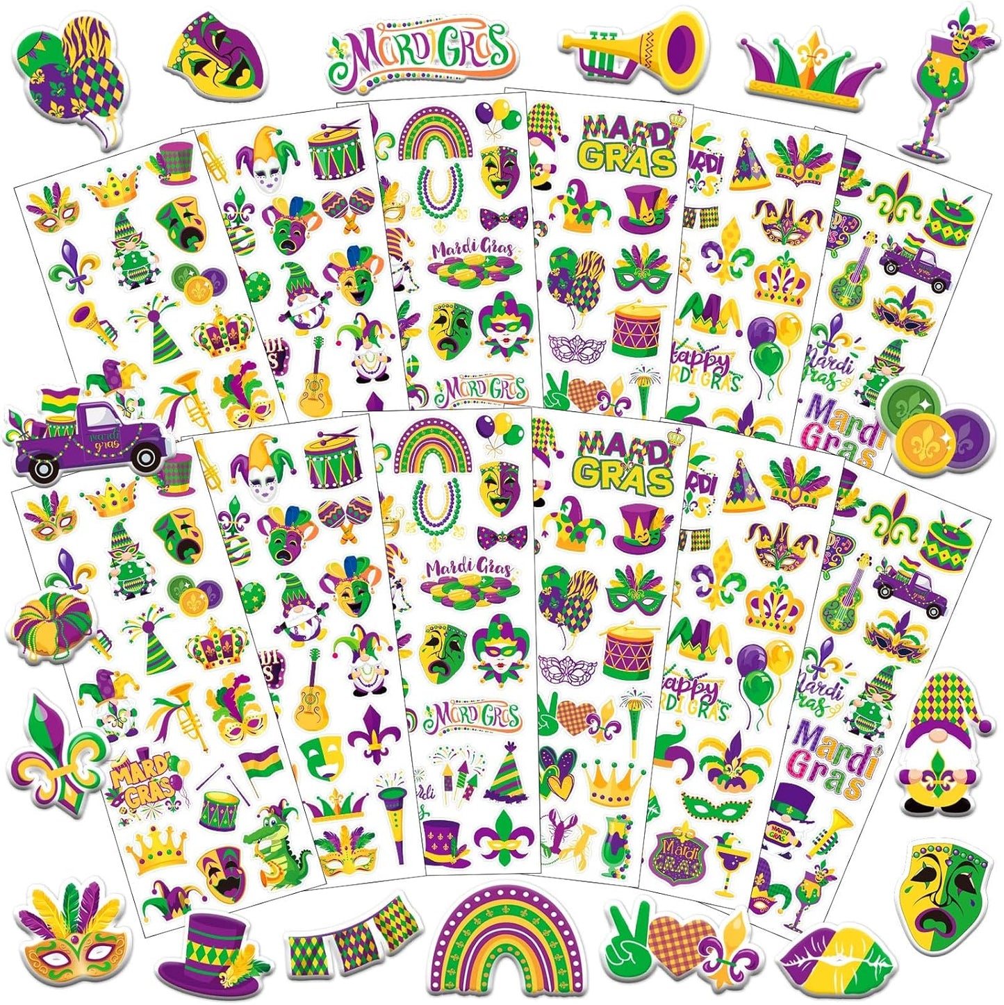 UPINS 240 Pcs Mardi Gras Stickers, 3D Puffy Self-Adhesive Carnival Stickers, Multicolored, Not Water Resistant, Kid