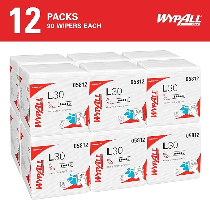 WypAll GeneralClean L30 Cloths Heavy Duty Cleaning Wipes (05812), Quarterfold, Strong and Soft Bulk Paper Wipers, White (12 Packs of 90 Sheets, 1,080 Sheet Total)
