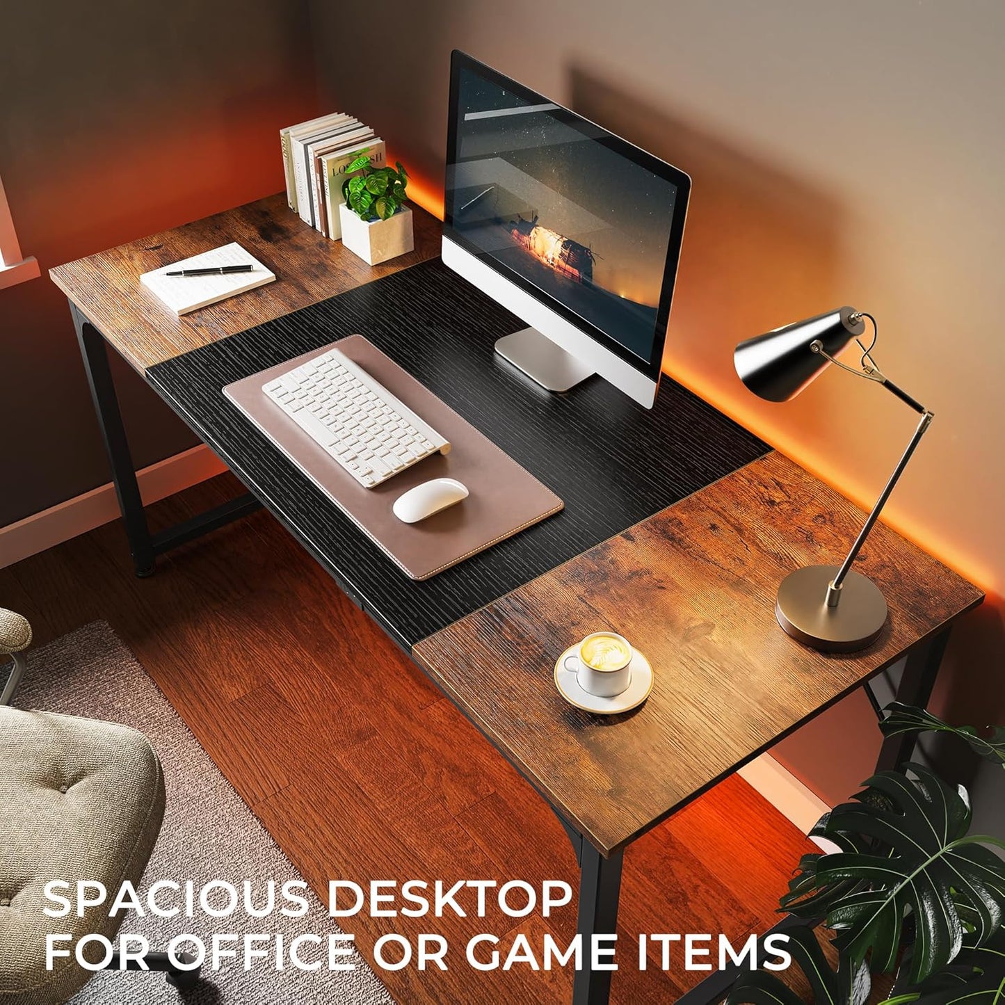 Huuger Computer Desk, 63 Inch Office Desk, Gaming Desk Writing Desk, Work Desk for Home Office, Study, Modern Simple Desk, Large Legroom, Metal Frame, Rustic Brown and Black