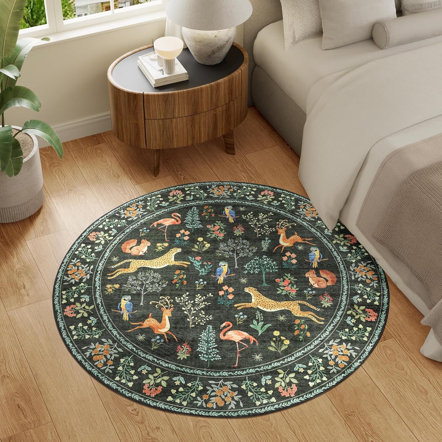 DUKINO 4ft Round Rug, Washable Round Area Rug, Non Slip Indoor Low Pile Animal Design, Soft Small Vintage Circle Carpet for Bedroom, Entryway, Living Room, Dining Room, Black