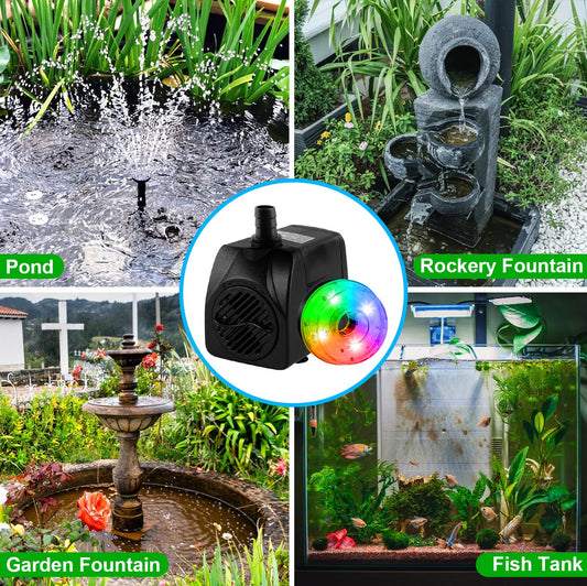 CREPOW 15W 800L/H Submersible Pond Fountain Pump with LED Lights, Ultra Quiet Water Pump, Pond Fountain Pumps for Small Pond, Koi, Garden, Aquariums, Fish Tanks, Indoor Outdoor Fountain 3 Type Nozzles