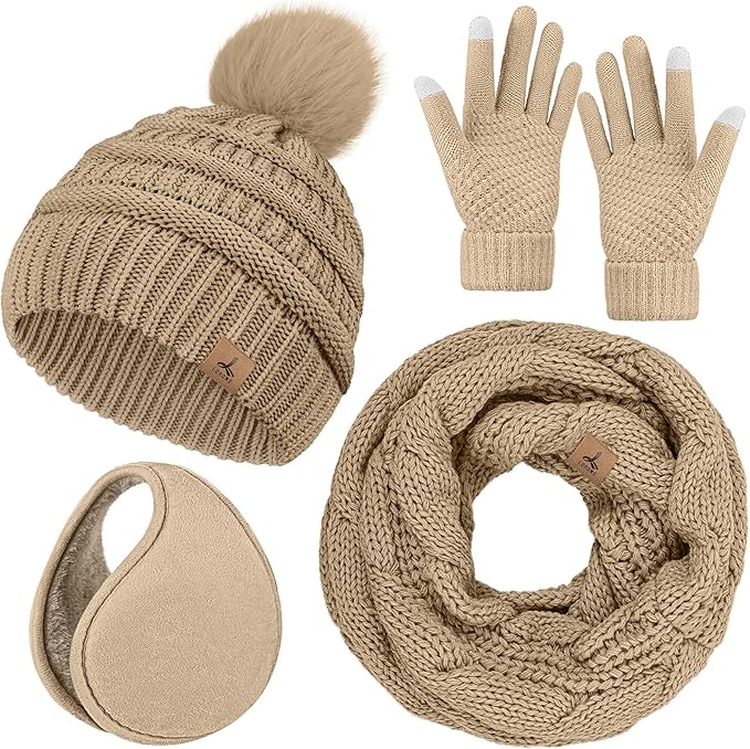 Winter Hat Scarf Gloves and Ear Warmer, Warm Knit Beanie Hat Touch Screen Gloves Set Winter Gifts Neck Scarves for Women