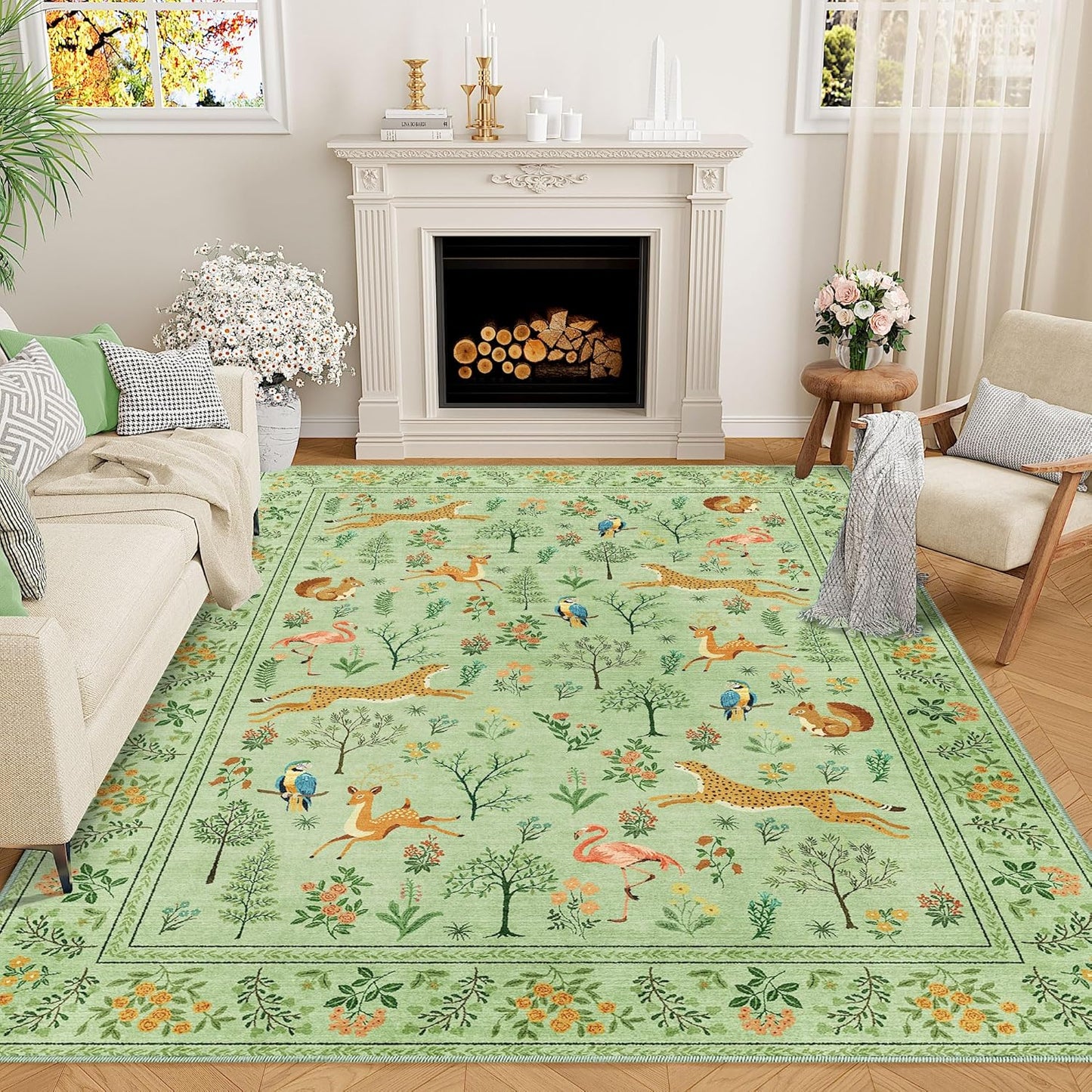 DUKINO 8x10 Rug, Washable Animal Living Room Rug with Non Slip Vintage Design, Soft Low Pile Large Carpet for Bedroom, Nursery, Dining Room, Farmhouse, Playroom, Light Green