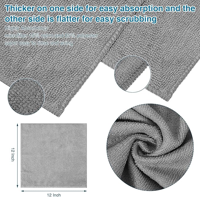 Macarrie 200 Pieces Microfiber Cleaning Cloths Bulk Absorbent Microfiber Towels Reusable Lint-Free Streak Free Wash Rags for House Kitchen Office Restaurants Bar Shop Car, 12 x 12 Inches (Gray)