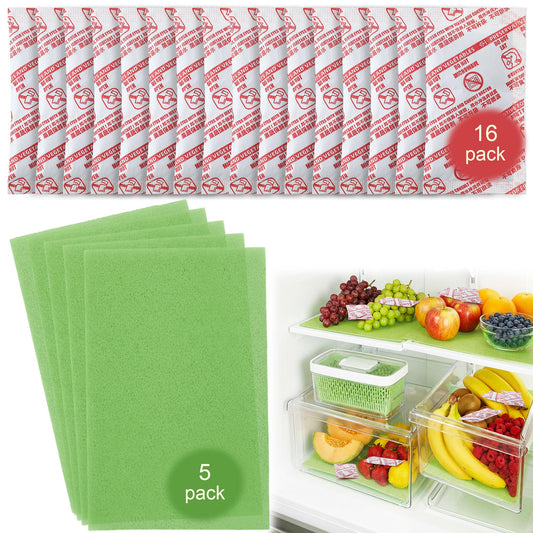 Dunkive 16 Pack Produce Saver Refill Kit with 5 Refrigerator Bin Liners, Carbon Filter Refills Ethylene Gas Absorber for Fruits Keeper & Crisper Inserts, Fridge Liners, Keep Produce Vegetable Fresh