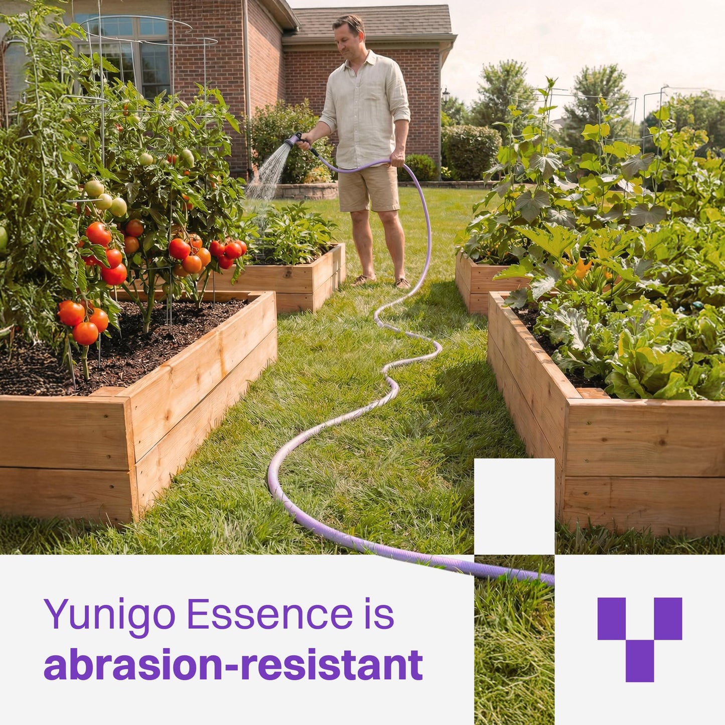 YUNIGO ESSENCE 5/8" 75ft Hybrid Purple Garden Hose – No-Kink Abrasion-Resistant with Durable Aluminum Fittings & Spray Nozzle, Ideal for Intensive Home & Garden Watering