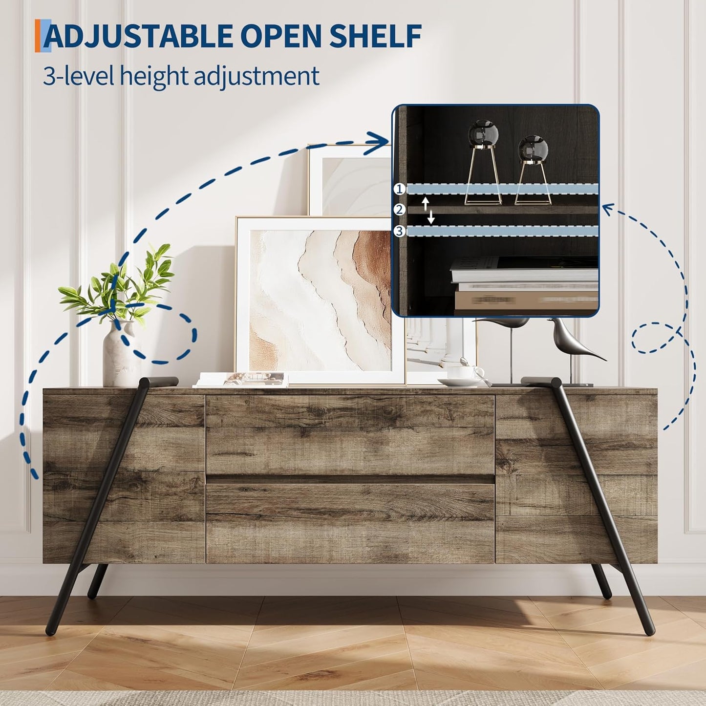 GarveeHome 55" Modern TV Stand, Entertainment Center with 2 Drawers, Adjustable Shelves, U-Shaped Metal Legs, Farmhouse Wooden TV Console for Living Room and Bedroom, Oak
