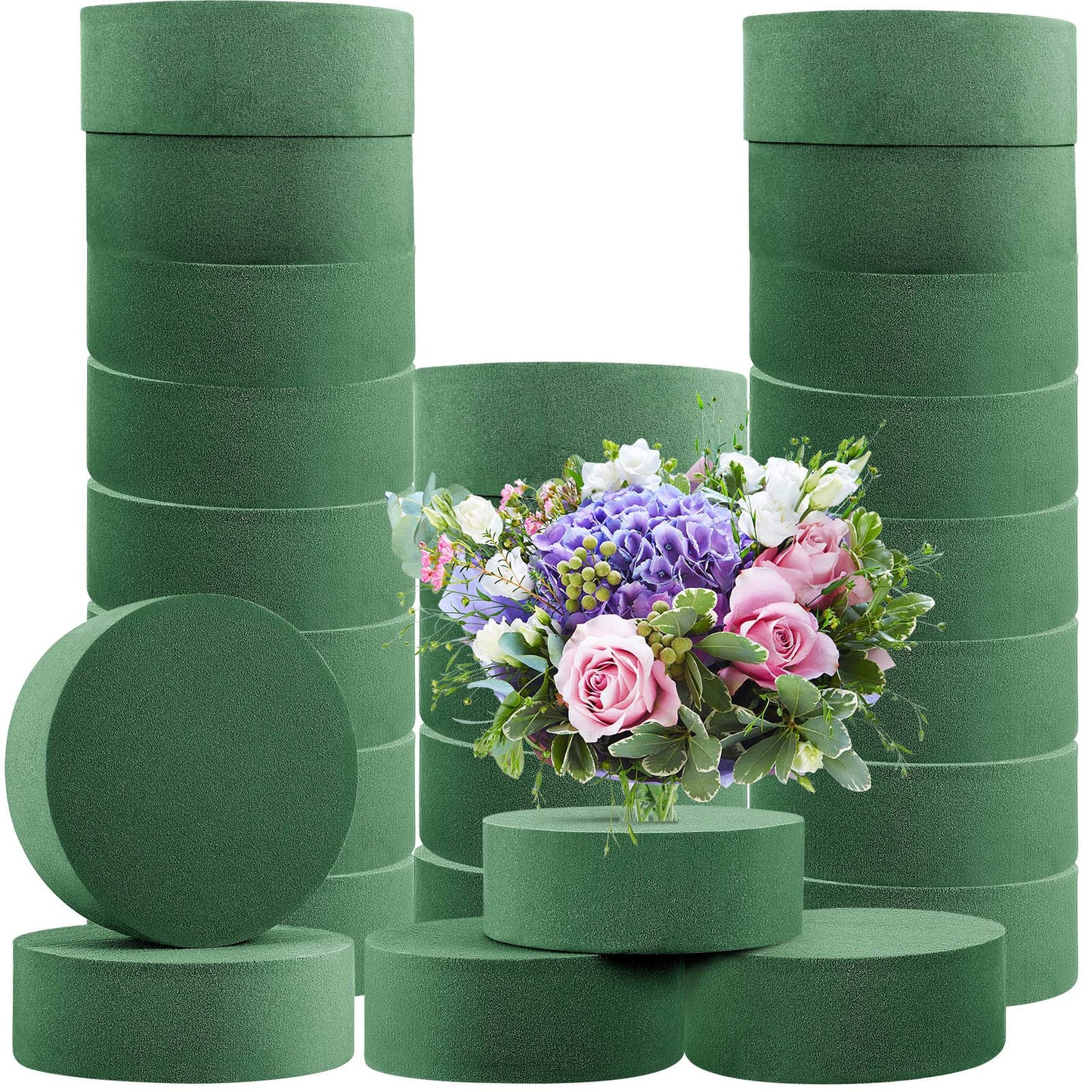 Lounsweer 24 Pcs Floral Foam Blocks 4.72 x 1.57 Florist Floral Round Foam Blocks Dry and Wet Green Foam for Flower Arrangement Fresh and Artificial Flowers Wedding Party Decoration Supplies