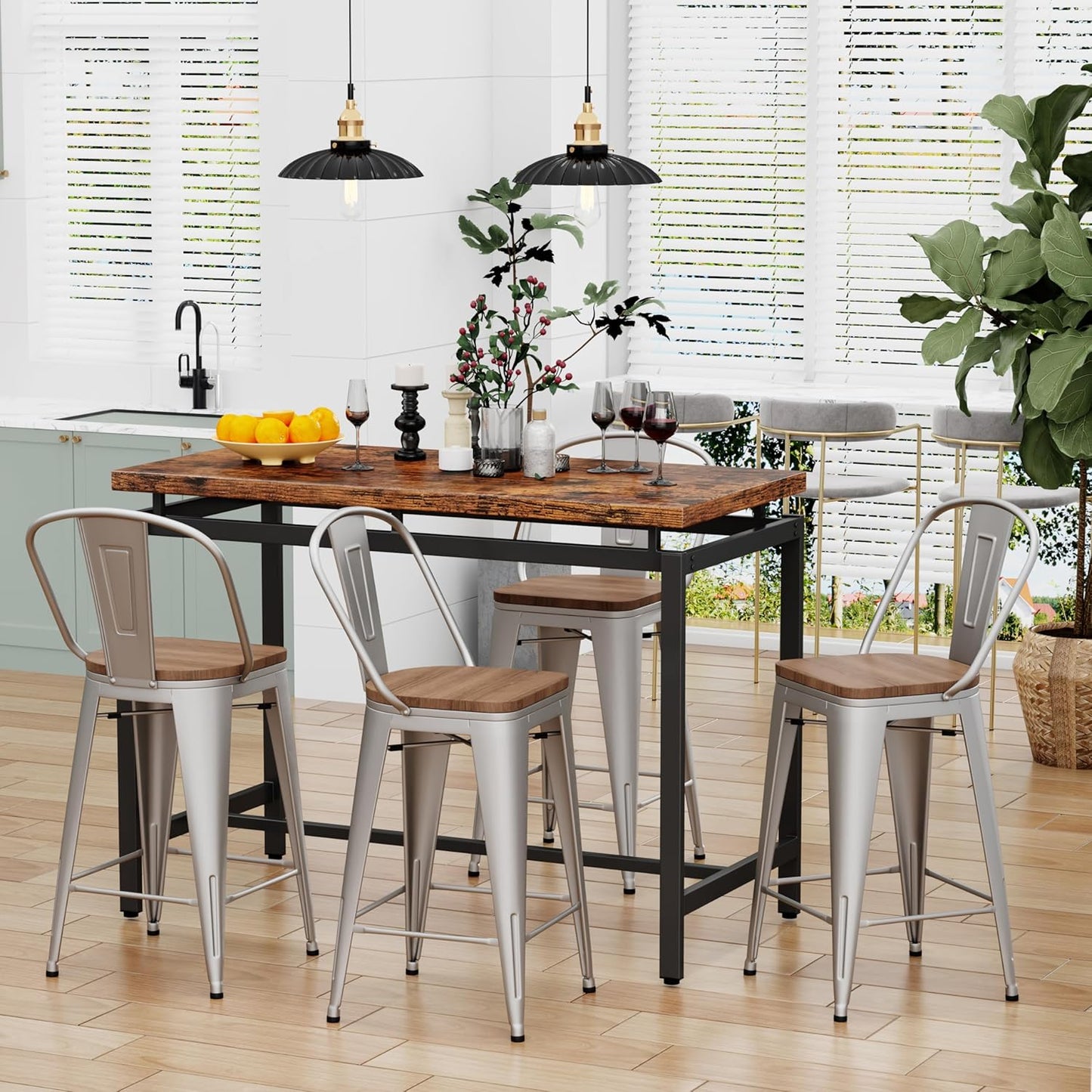 Changjie Furniture 30 Inches Metal Barstools Set of 4 Counter Height Bar Stools Industrial Stools with Backs High Back Chairs for Kitchen Island (30 Inch, Silver)