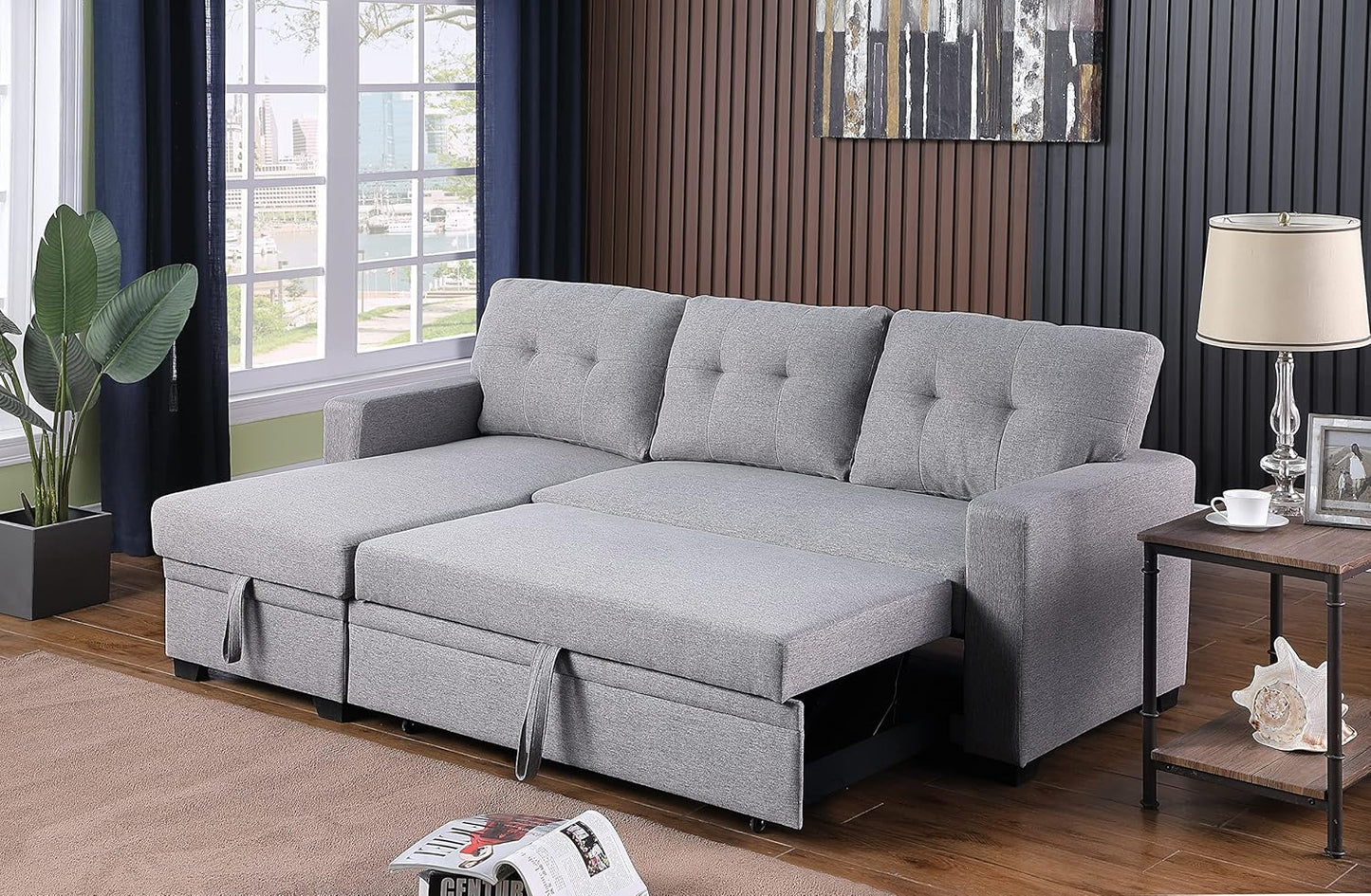 Devion Furniture Meridian 4-in-1 Convertible L Shaped Couch with Pull Out Bed and Storage, Sectional Sleeper Sofa with Reversible Chaise for Living Room, Apartment, Bedroom, Office