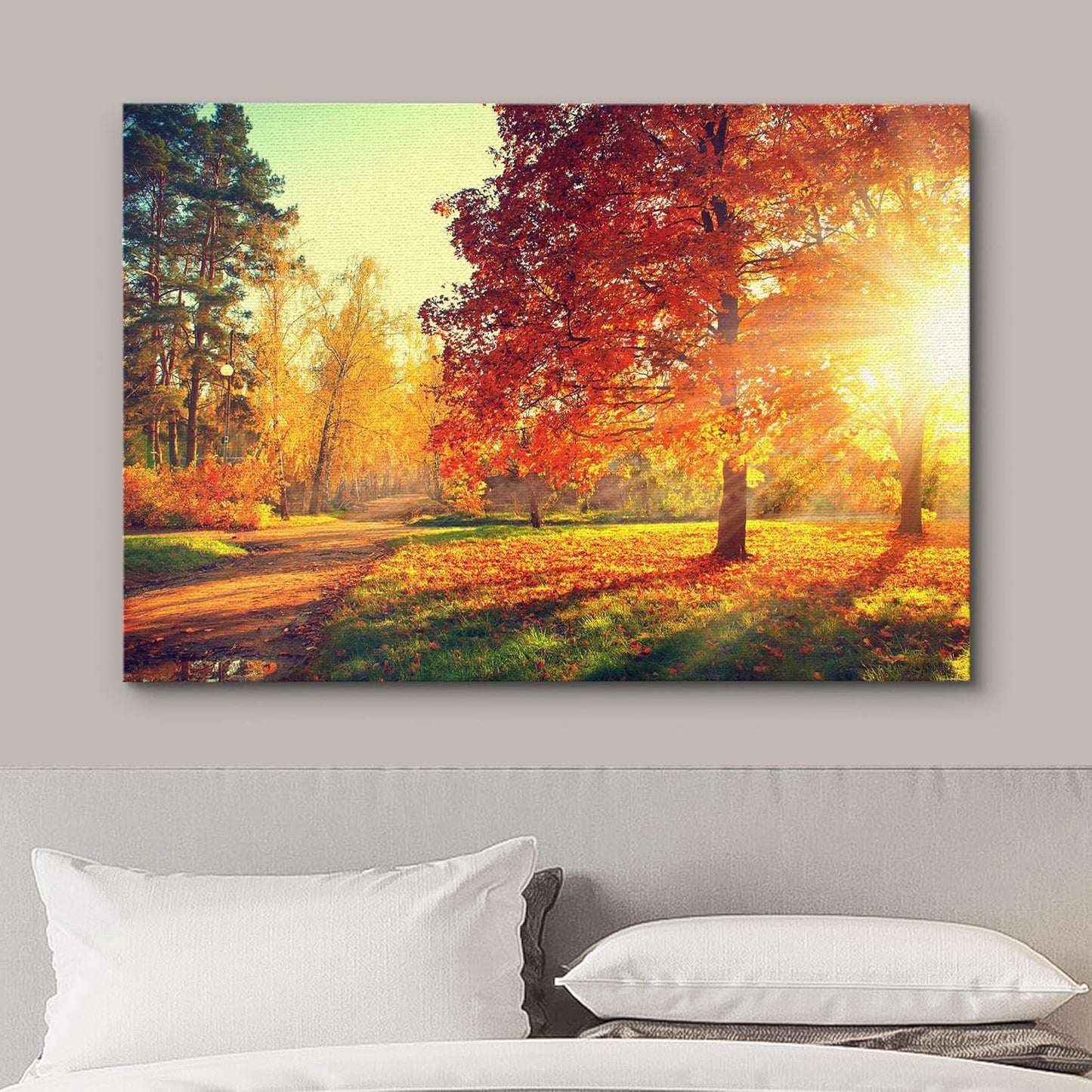 wall26 Canvas Print Wall Art Path Through Red & Orange Autumn Park Nature Wilderness Photography Modern Art Rustic Scenic Colorful Multicolor for Living Room, Bedroom, Office - 12"x18"