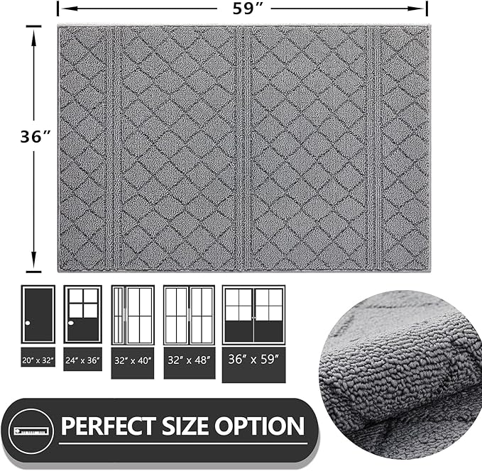 REFETONE Indoor Doormat, Front Back Door Mat 36"x60" Absorbent Rubber Backing Non Slip Door Mats, Low-Profile Resist Dirt Entrance Rugs, Machine Washable Door Rug Inside Floor Mat for Entryway, Grey