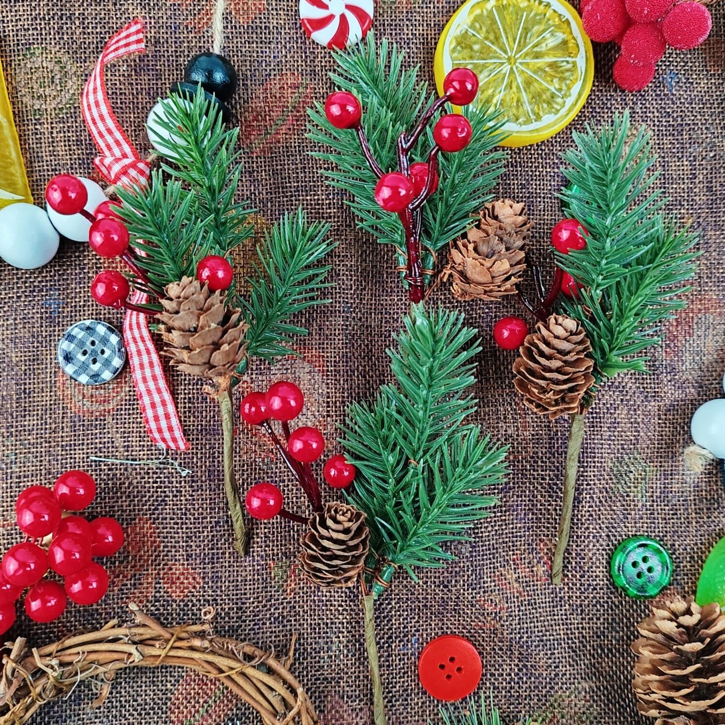 RONYOUNG 20PCS 5.7inch Christmas Berries Red Stems Pine Branches, Christmas Picks Artificial Pine Cones Holly Stem Craft Winter Holiday Floral Picks for Décor DIY Xmas Garland Wreath Ornament