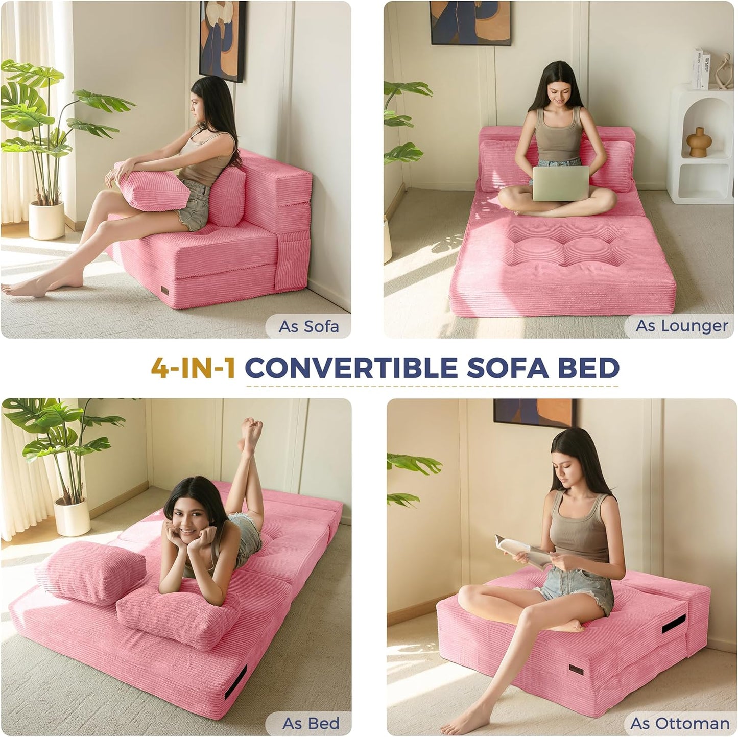 MAXYOYO Convertible Sofa Bed, Fold Out Sleeper Sofa with Pillow, 4 in 1 Tufted Folding Couch Bed Foam Floor Couch, Lazy Chair for Living Room Bedroom Guest Room, Pink