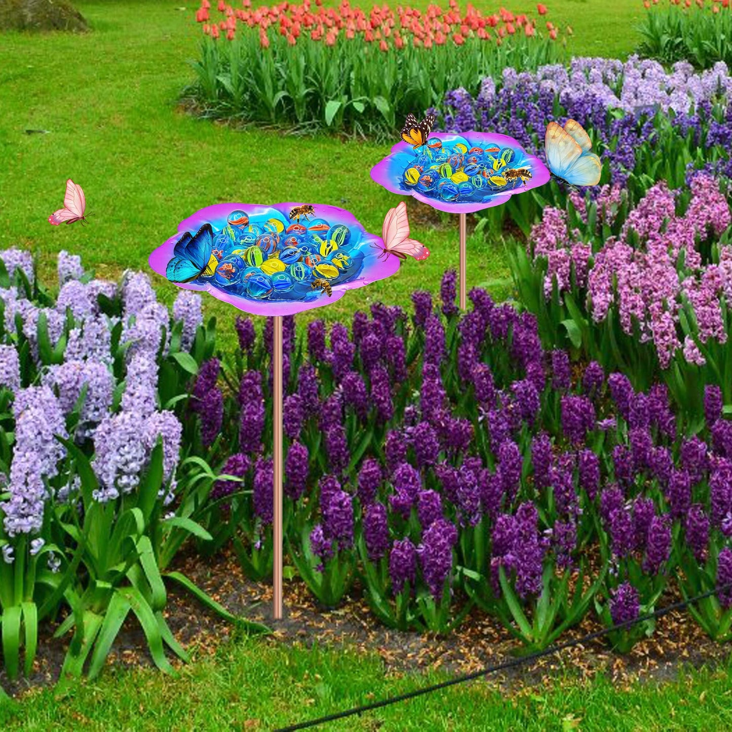 Large Bee Watering Station-Purple Butterfly Puddler Bee Bath & Feeder with Metal Stakes - 30 Glass Marbles, Vivid Flower Design, Garden Yard Decor (Purple-2PACK)