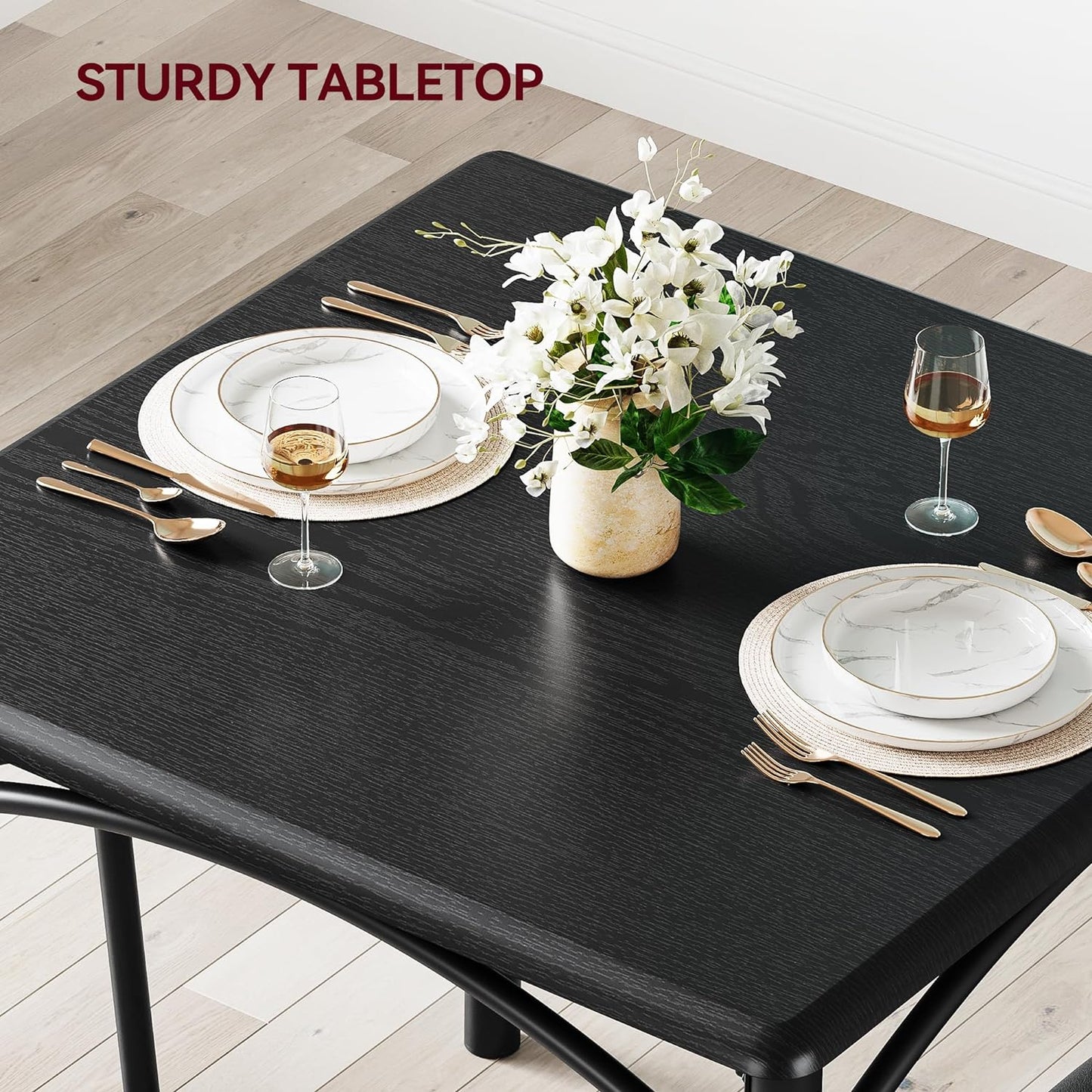 GarveeHome Dining Table Set for 2, Kitchen Table with 2 Upholstered Chairs, Wood Square Dining Table and Chairs Set for Small Space, Apartment, Dinner, Rustic Black