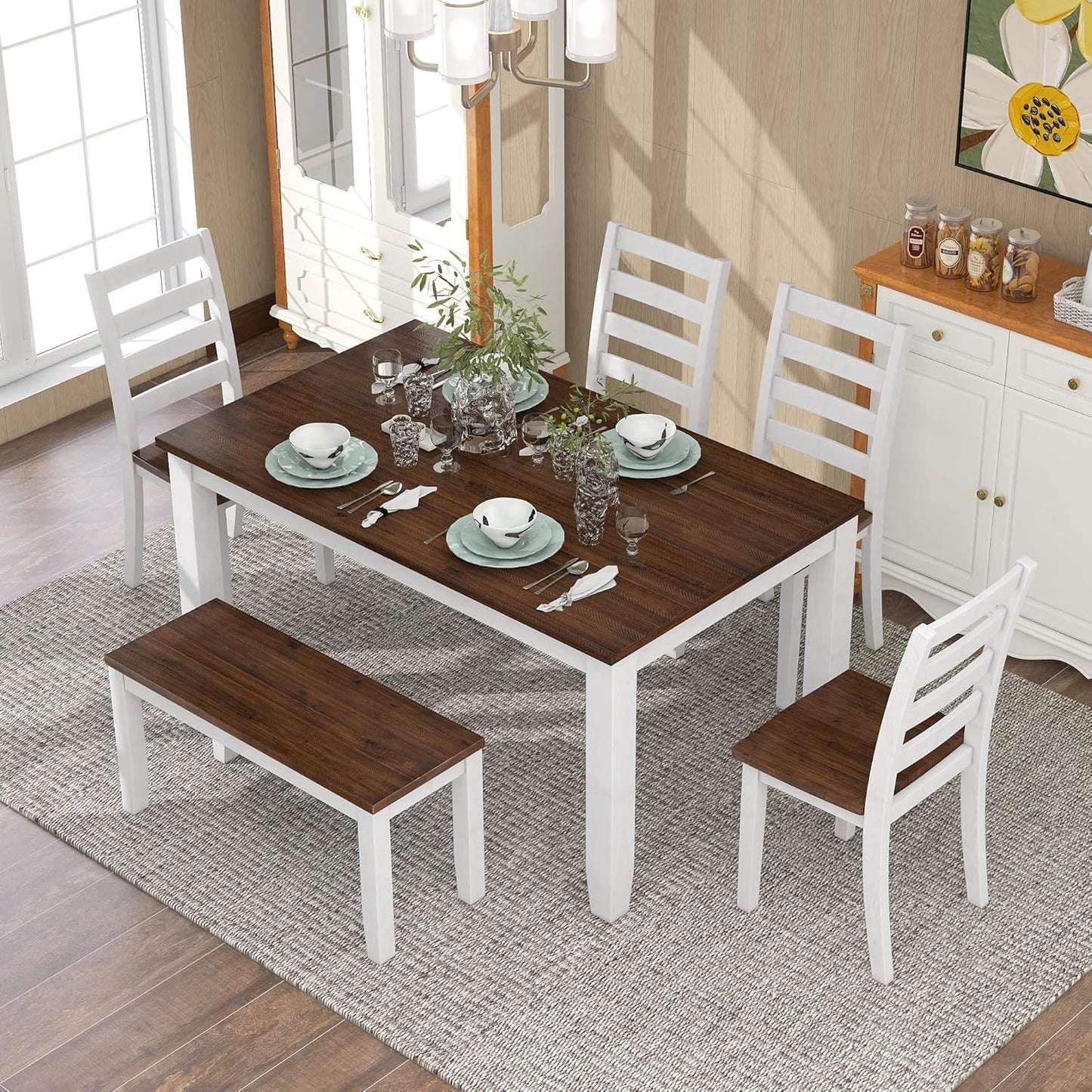 6 Pieces Dining Table Set with 1 Bench & 4 Ergonomic Designed Chairs,Wooden Living Room Furniture W/ 60" Rectangle Kitchen Desk,for Restaurant,Home Bistro,Walnut+Cottage White