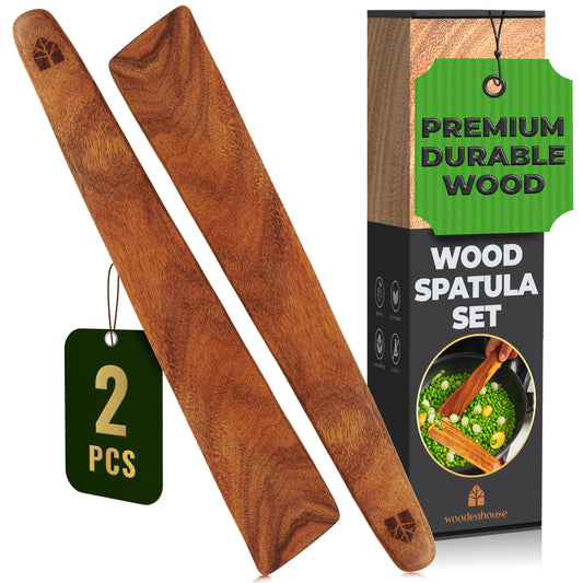 Wooden Spatula for Cooking Set of 2-12 Inch Teak Spatula for Non Stick Frying Pan - Turner & Flipper for Cast Iron, Egg & Pancake Scraper - BPA Free & Heat Resistant Wooden Cooking Utensils