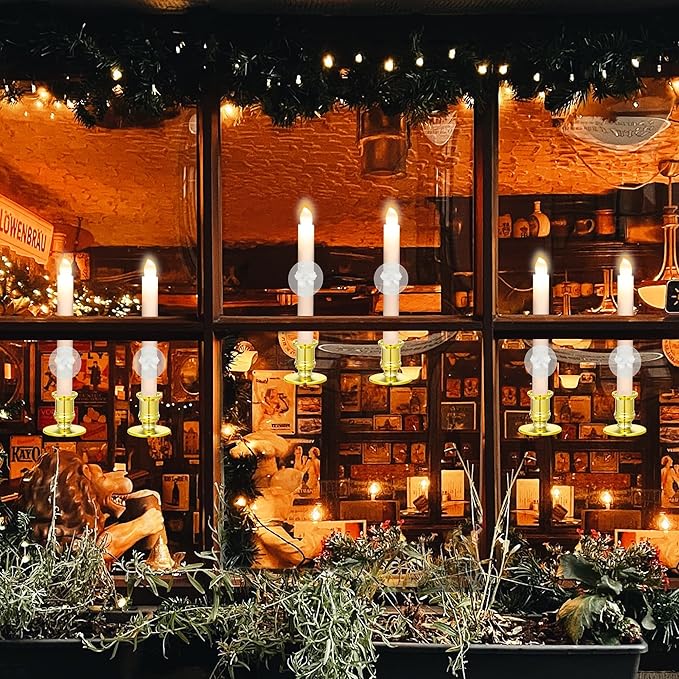 YAUNGEL Christmas Window Candles, 6 Pack Battery Operated Flameless Taper Candles for Windows with Timer Remote, Electric Candle Lights with Candle Holders Suction Cups for Christmas