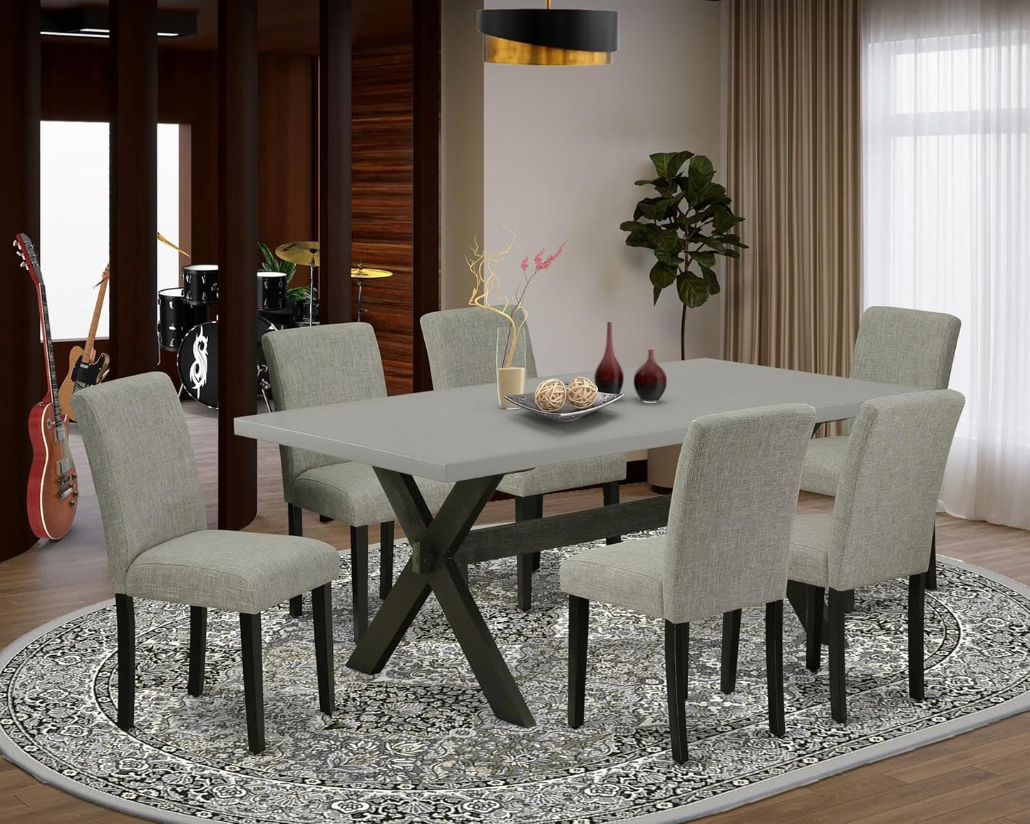 East West Furniture X697AB106-7 7 Piece Kitchen Table Set Consist of a Rectangle Dining Table with X-Legs and 6 Shitake Linen Fabric Parson Dining Chairs, 40x72 Inch, Multi-Color