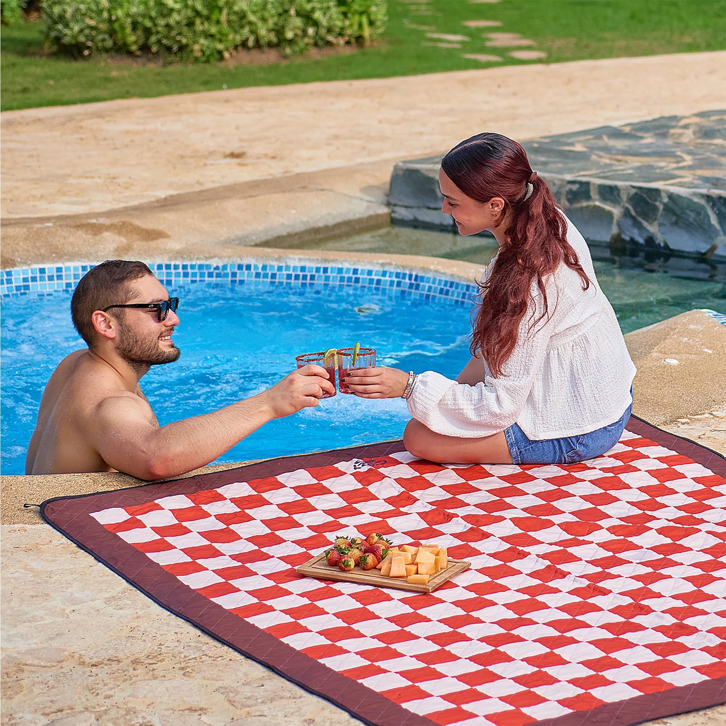 Cozy Club Waterproof Picnic Blanket – Foldable Outdoor Mat 60x70 with Stakes, Pocket & Shoulder Strap | Sandproof Beach Blanket for Festivals, Camping & Travel | Self-Packing | Terracotta | US Brand