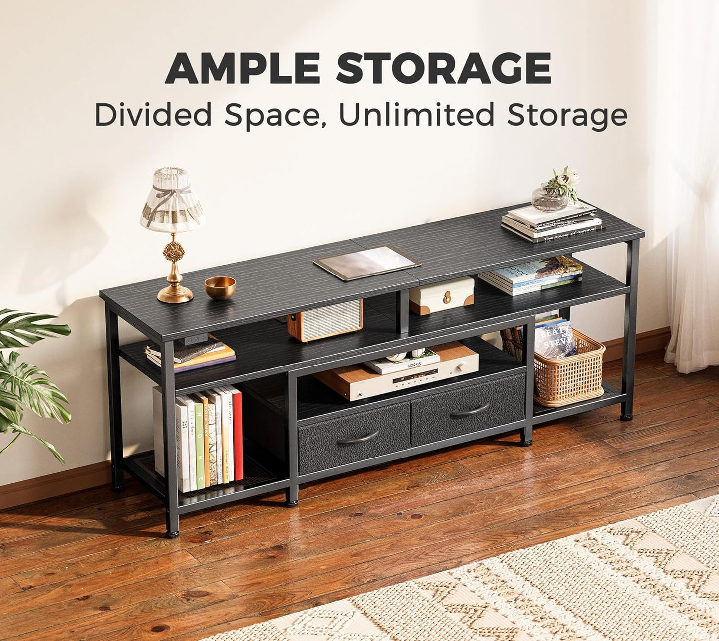 Huuger TV Stand for 55 60 Inch TV, Entertainment Center with Power Outlets and LED Lights, 54 Inch TV Console for Living Room, Media Console with Drawers and Shelves, Black