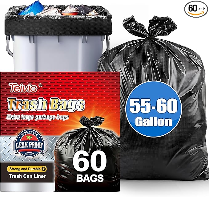 Teivio 55-60 Gallon Large Black Trash Bags 60 Counts Industrial Sturdy Garbage Bags, Extra Large Lawn and Leaf Bags Outdoor Commercial Trash Can Liner for Construction Sites, Workshops, Backyard