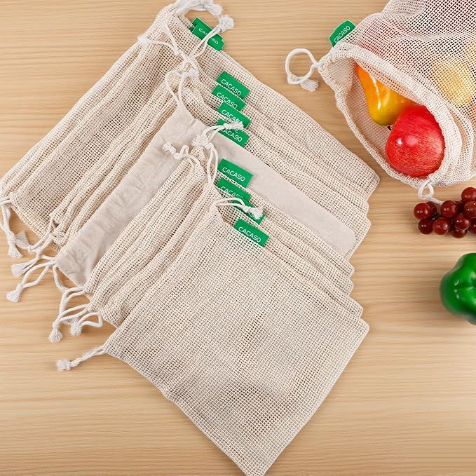 12+1 Pack Reusable Produce Bags, Cotton Mesh Produce Bags Reusable Washable, Grocery Bag, Double-Stitched Vegetable Bag with Drawstrings for Shopping, Transporting and Storing(4xS, 4xM, 4xL)