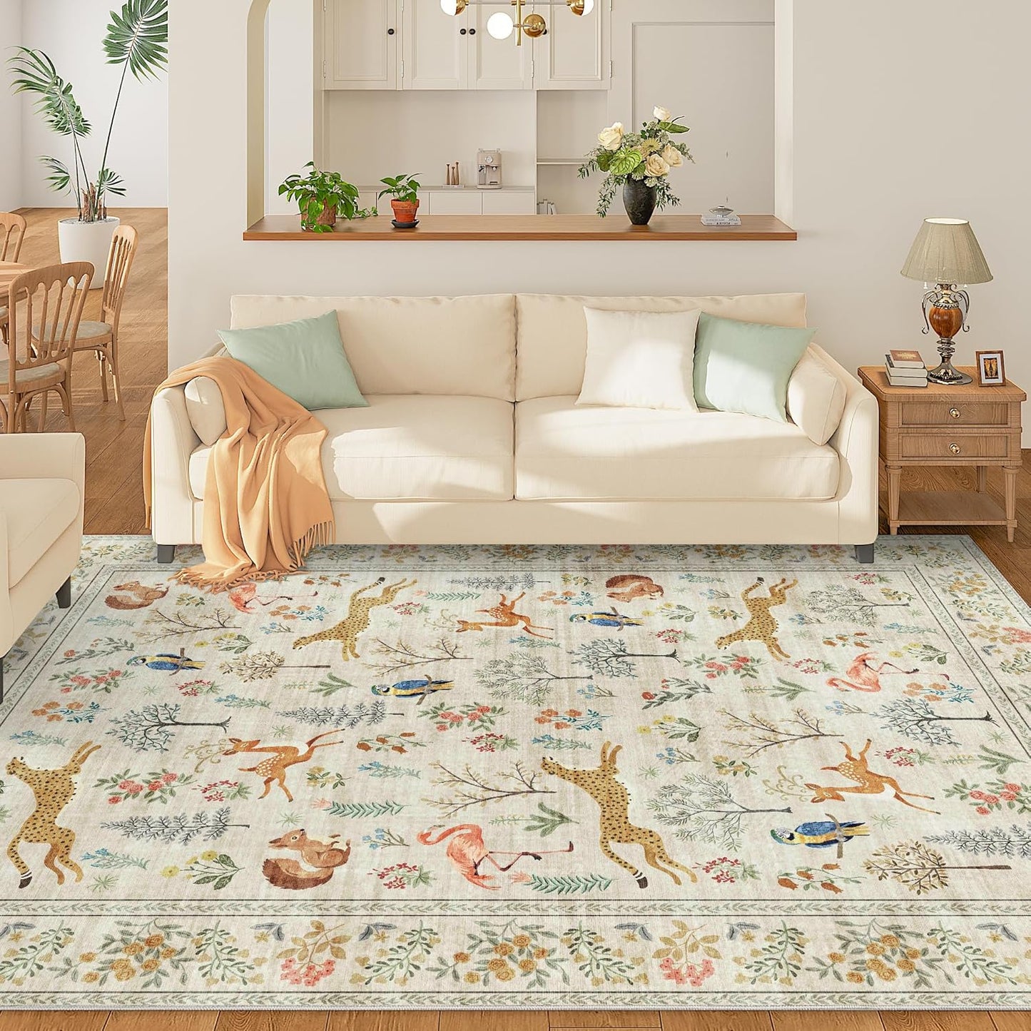 DUKINO 5x7 Rug, Washable Animal Living Room Rug with Non Slip Vintage Design, Soft Low Pile Large Carpet for Bedroom, Nursery, Dining Room, Farmhouse, Playroom, White