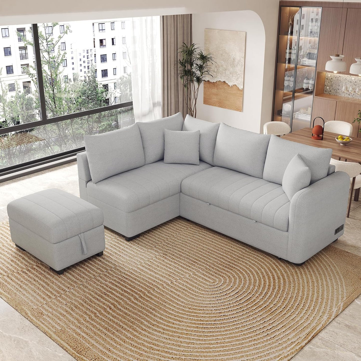Ball & Cast L-Shaped Sectional Pull Out Sofa with Two USB Ports,4-Seater Convertible Couch w/Power Sockets and Movable Storage Ottoman,for Living Room,Apartment,Grey