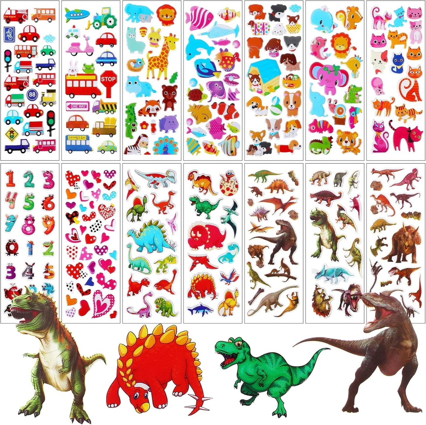 UPINS 14 Diffrent Sheets (200+Count) Kids Dinosaur 3D Puffy Stickers, Animal Insect Stickers, Craft Scrapbooking for Children