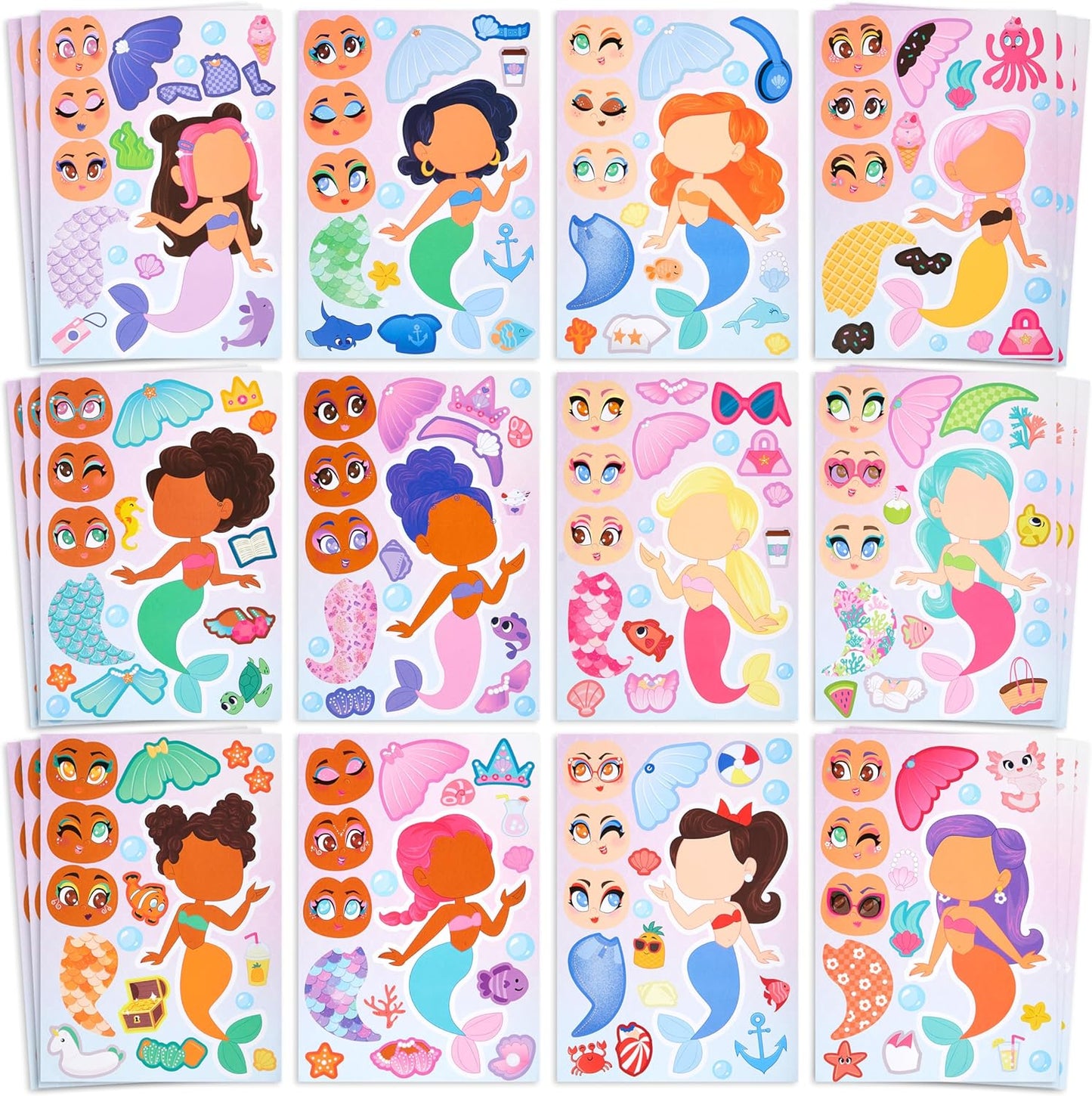 JOYIN 36 Pcs 9"x6" Mermaid Make a face Stickers for Kids, Make Your Own Mermaid Sticker Sheets, Party Favors Kids Crafts, Goodie Bags Stuffers, Classroom Rewards
