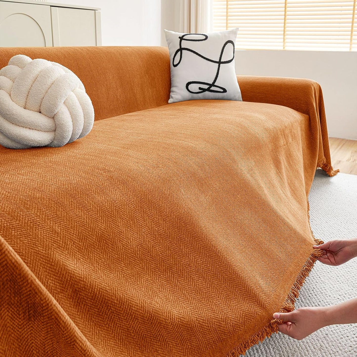 hyha Couch Cover for Dogs, Boho Sofa Covers for 3 Cushion Couch Washable, Chenille Sofa Slipcover for Pets, Soft Loveseat Sectional Couch Throw Blankets with Tassels (Orange, 88.5x150 Inch)