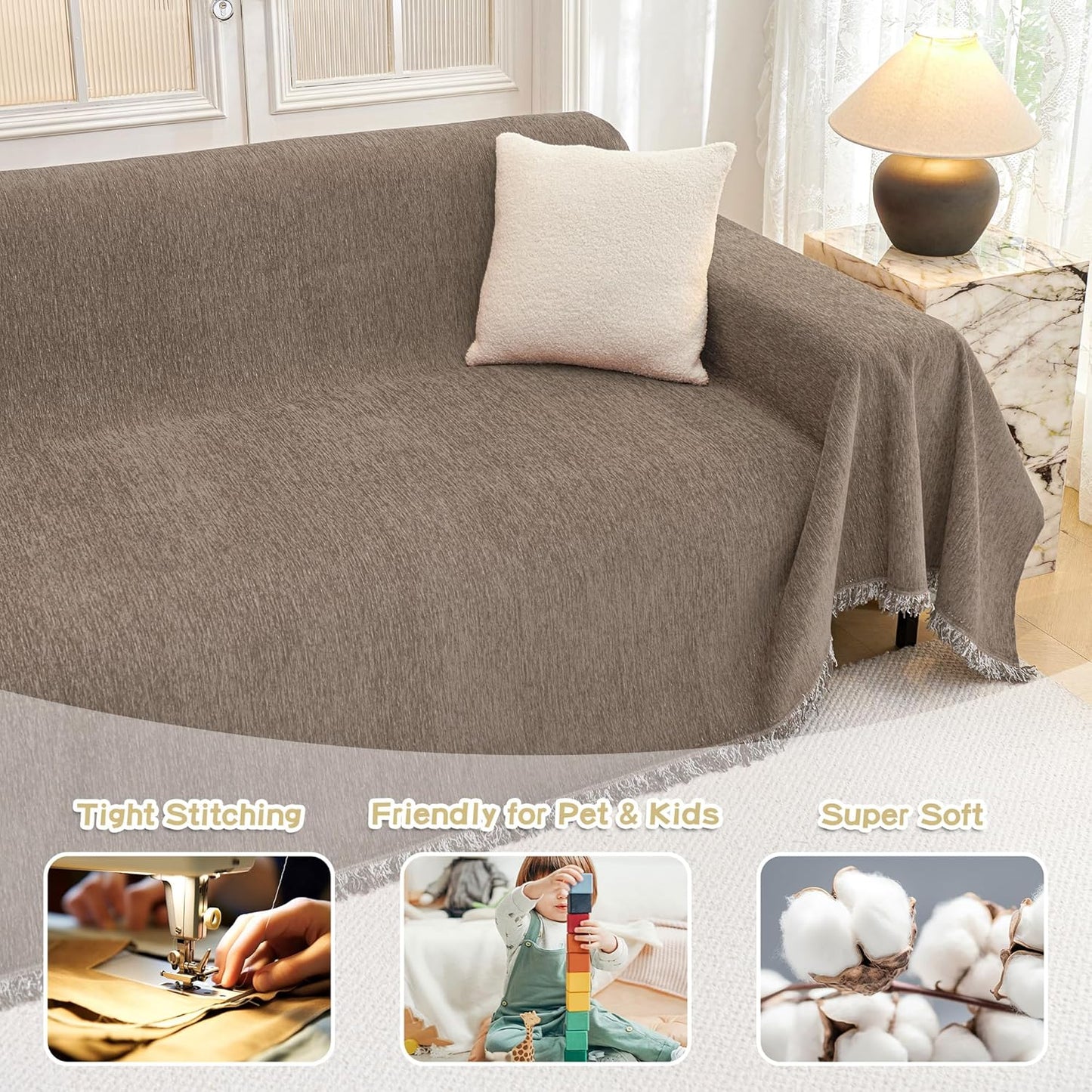 MYSKY HOME Couch Cover for Dogs Washable Couch Covers Couch Covers for Dogs Couch Cover 2 Cushion Sofa Non Slip Dogs Furniture Protector with Tassels Chenille Sofa Covers for Pets, 71"x102", Sand