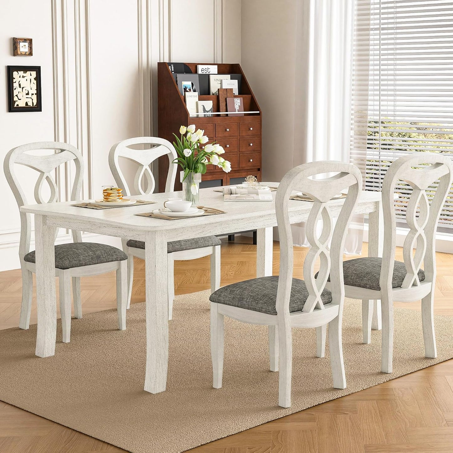 Solid Wood Dining Chair Set of 4, Kitchen Dining Room Chair with Upholstered Cushion & Wooden Legs, Modern Wood Side Chairs for for Kitchen, Washed Gray