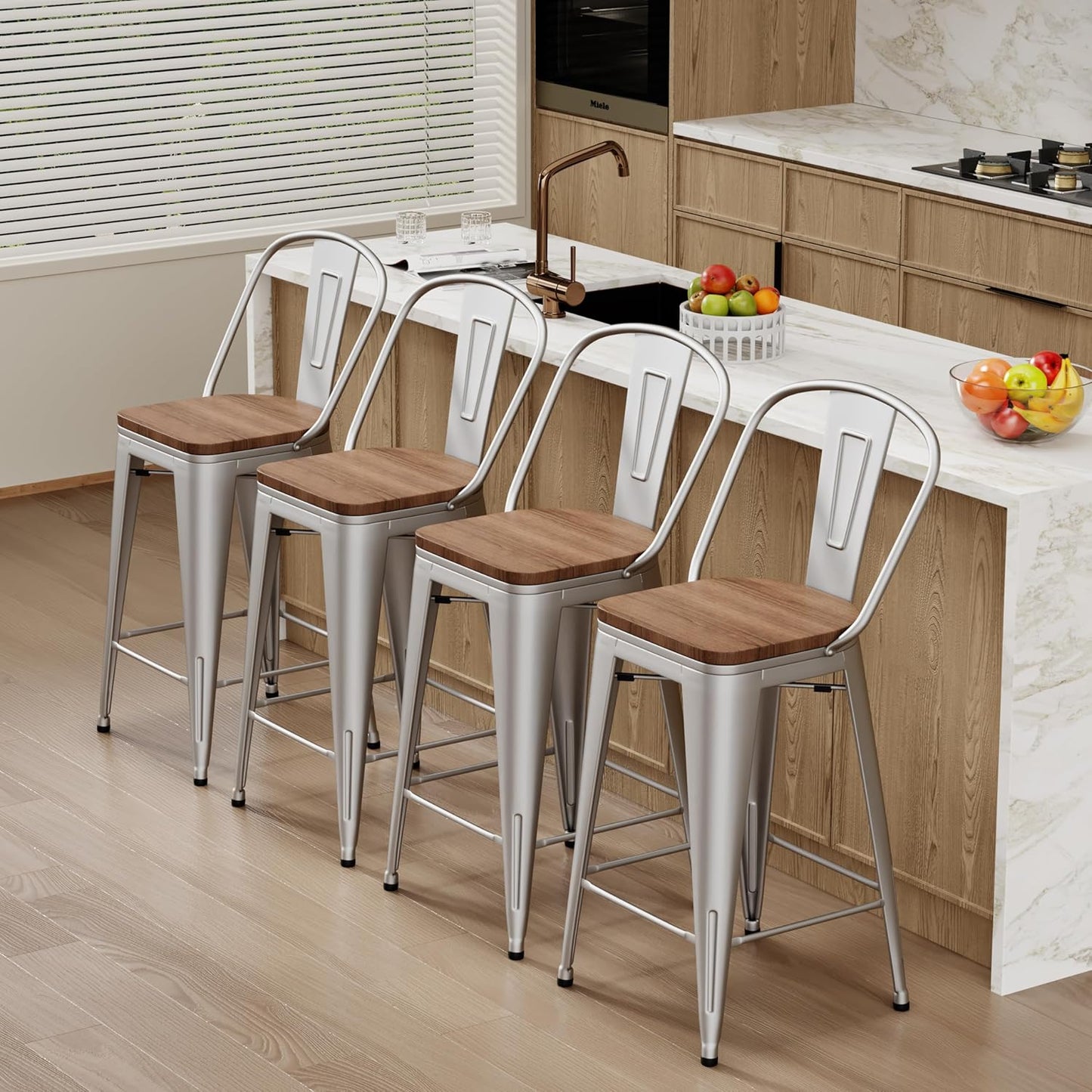 Changjie Furniture 26 Inches Metal Barstools Set of 4 Counter Height Bar Stools Industrial Stools with Backs High Back Chairs for Kitchen Island (26 Inch,Silver)