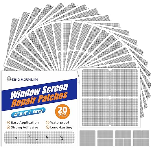 KING MOUNTAIN Grey Window Screen Repair Patch, 20Pcs 4" x 4" Heavy Duty Tape for Tears and Holes, Strong Adhesive & Waterproof Kit