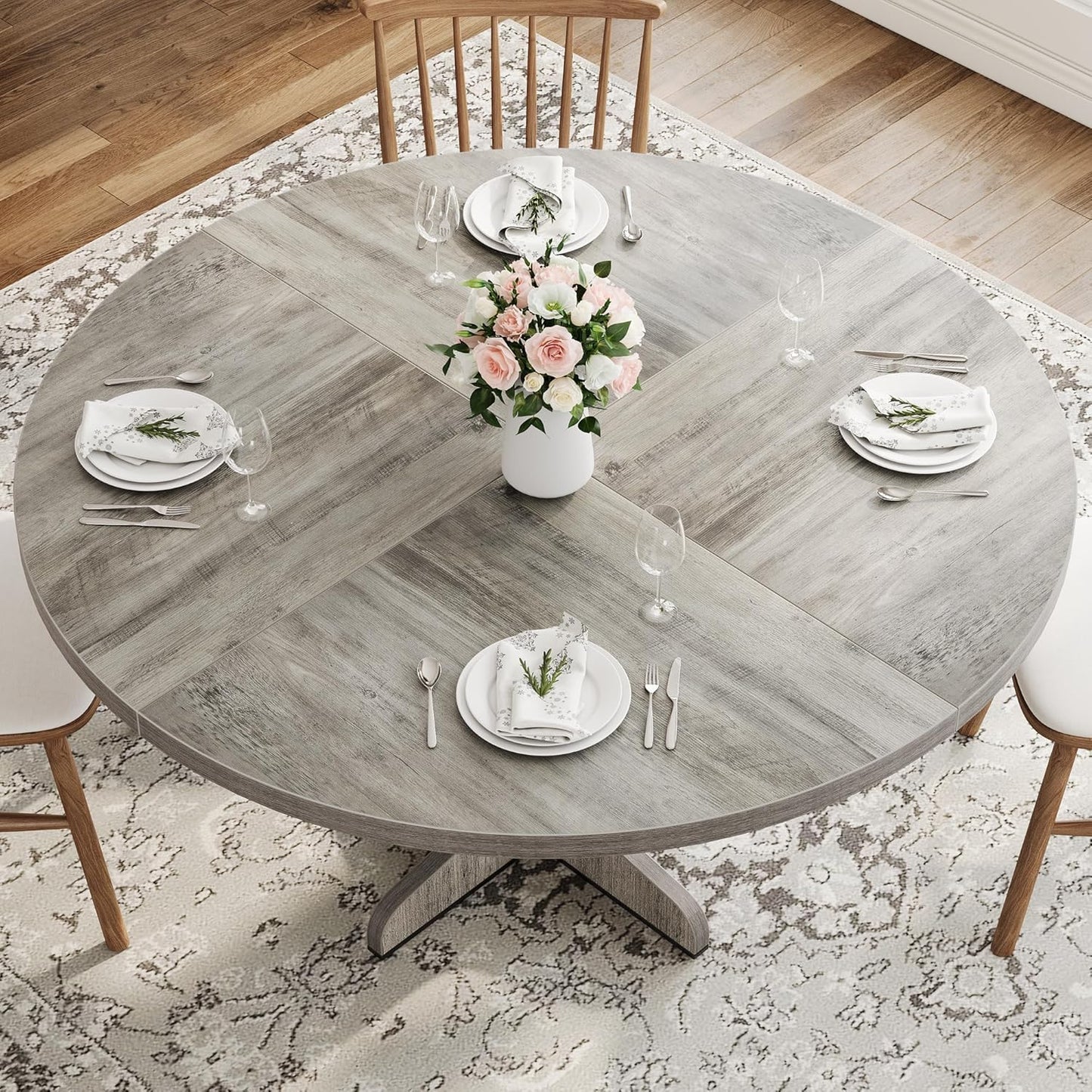 Garvee 47 Inch Round Dining Table for 4, Farmhouse Kitchen Dining Room Circle Dinner Table, Kitchen Dining Room Furniture, Grey (Table Only)
